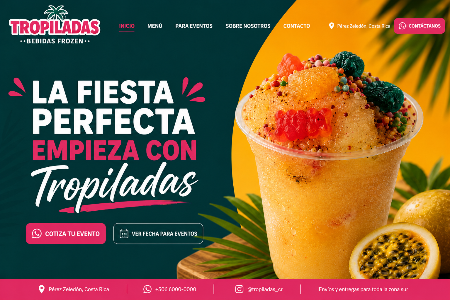 Captura del sitio web de Tropiladas, marca de bebidas frozen y guaros artesanales